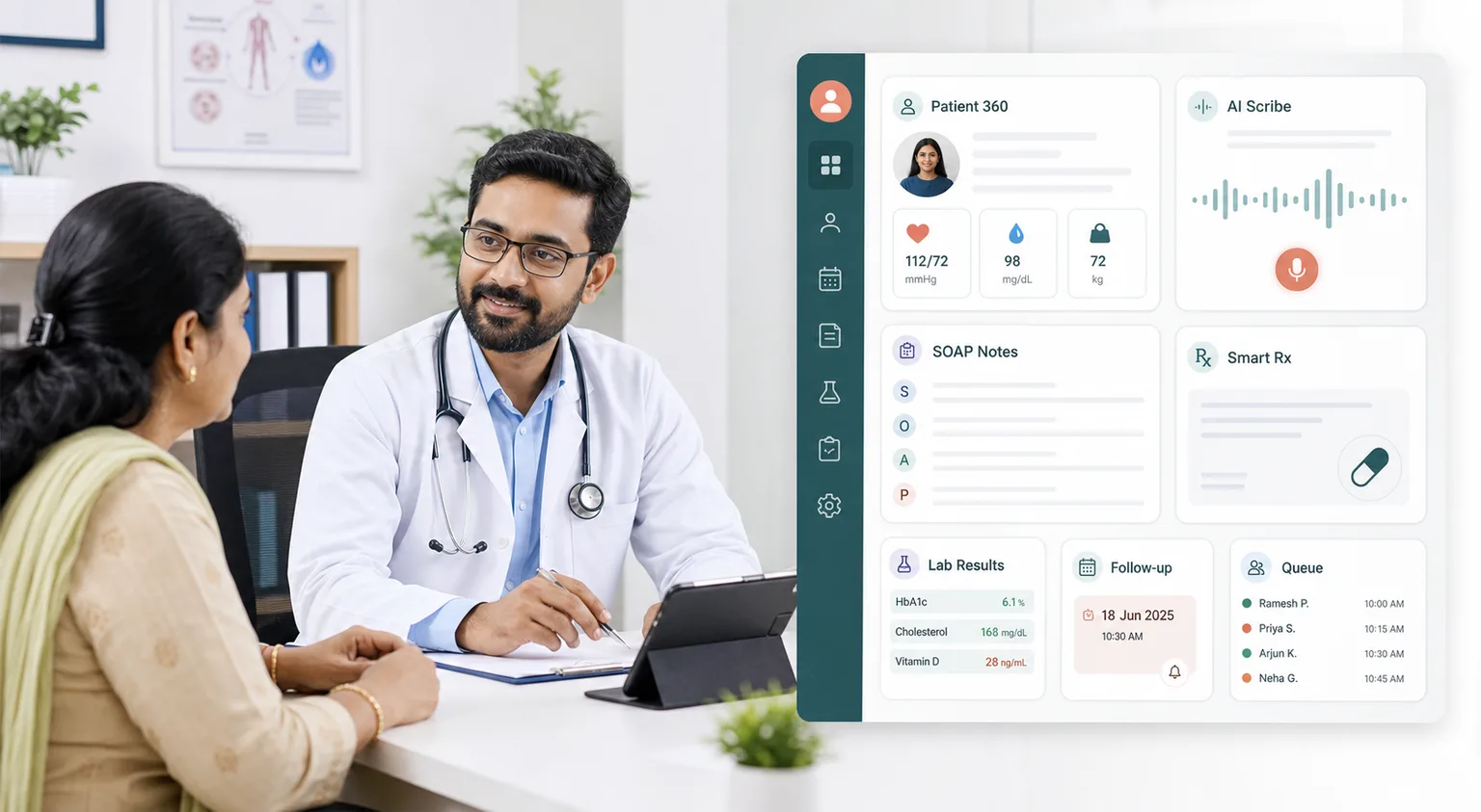 Doctor using ambient AI medical scribe while VivaLyn generates structured SOAP notes