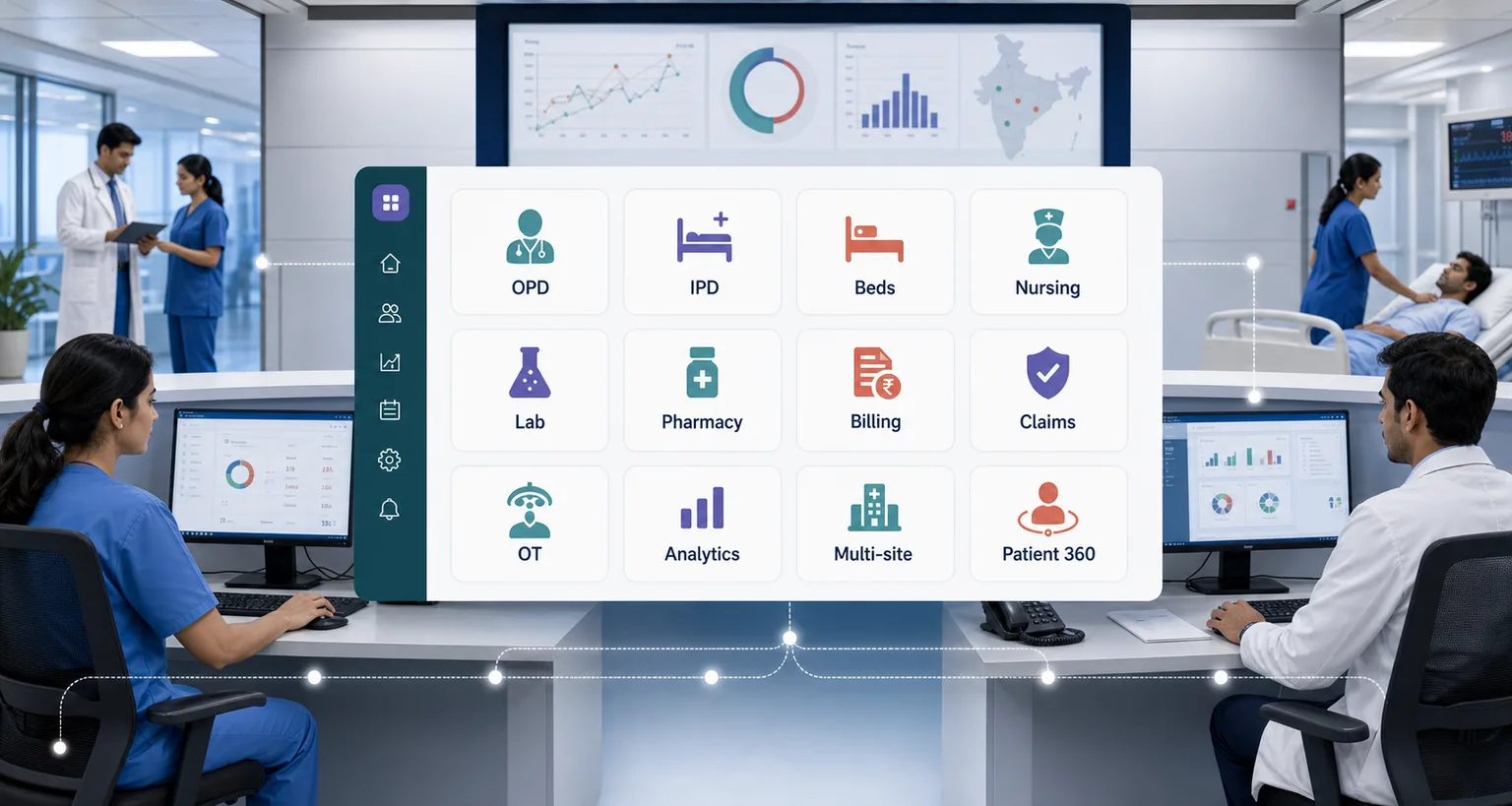 Hospital EMR command center showing OPD, IPD, bed management, nursing, lab, pharmacy, billing, claims, OT, analytics, multi-site operations, and Patient 360