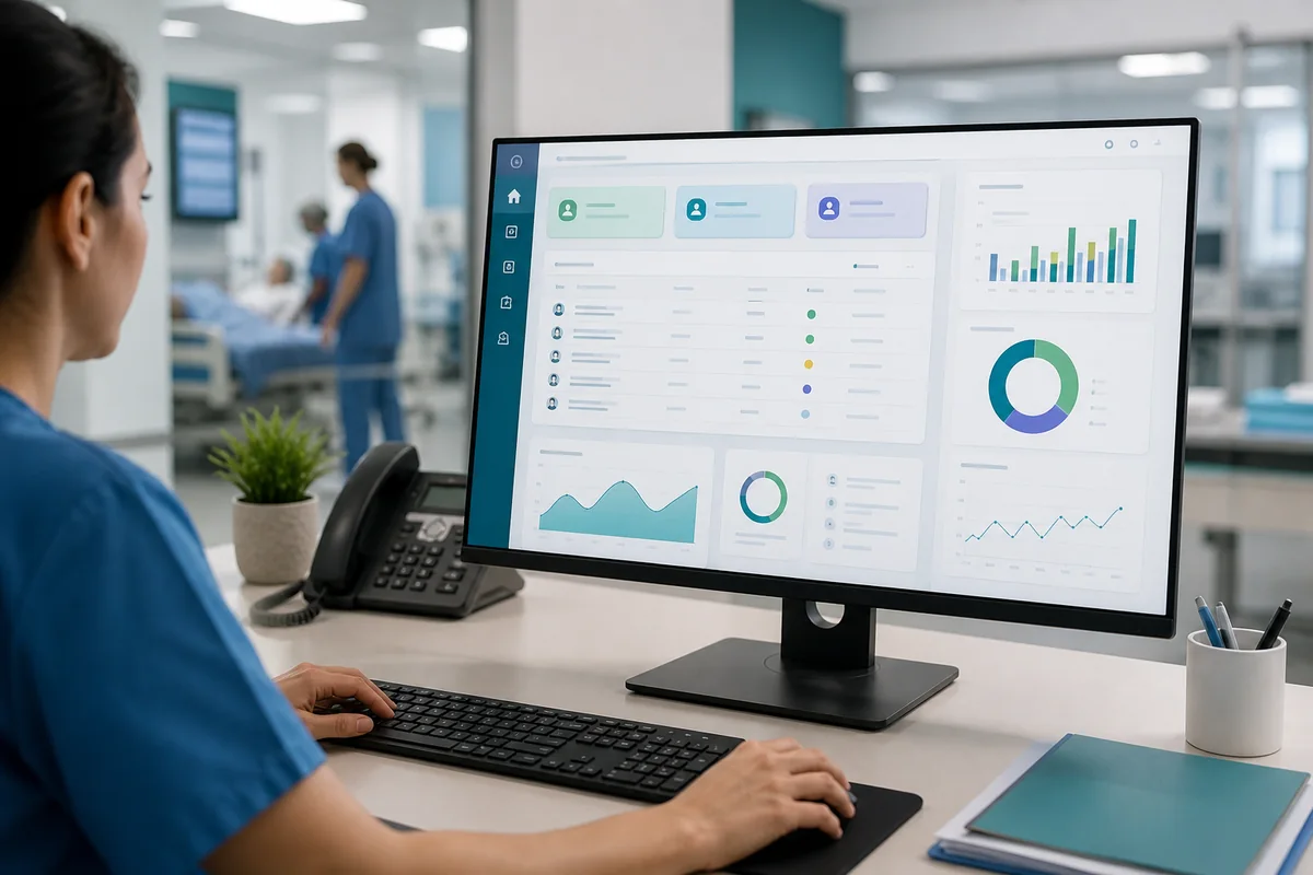 Hospital team reviewing EMR software dashboards and department workflows