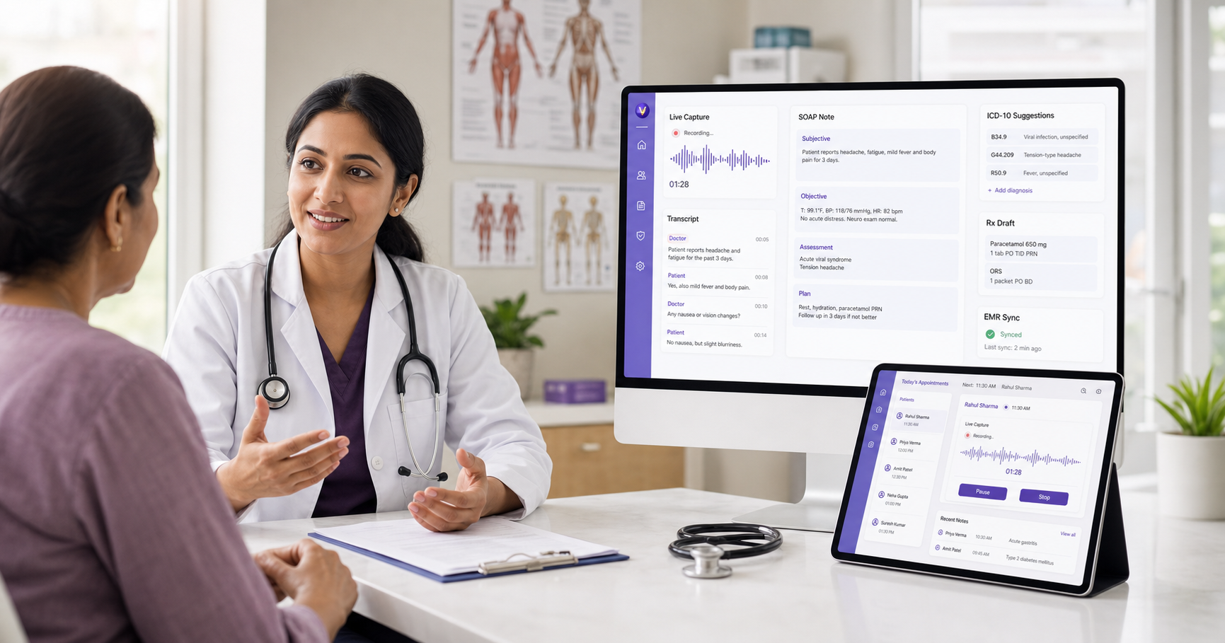 MedScribe AI medical scribe dashboard with live transcript, SOAP note, ICD-10 suggestions, prescription draft, and EMR sync
