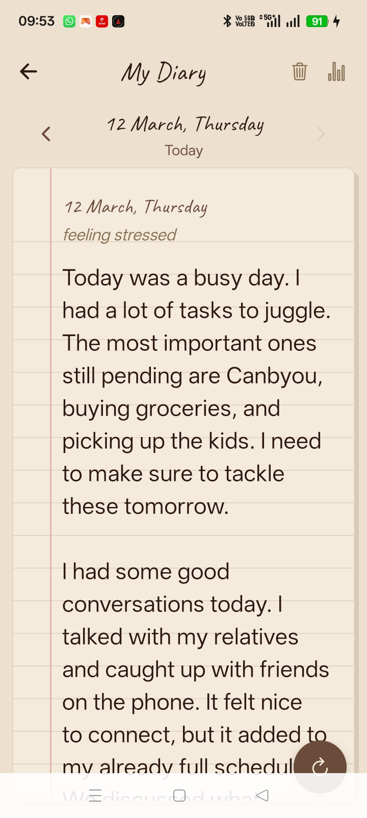 VivaLyn AI diary entry — auto-generated daily journal with mood and reflections
